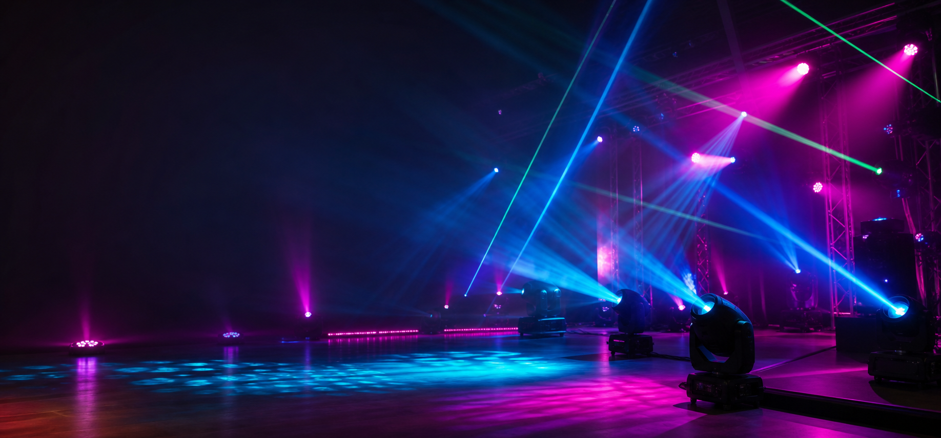 Lichtshow met moving heads, lasers en rook voor eventverhuur